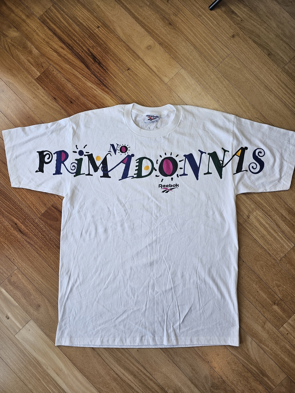 Vintage Reebok White 'Primadonnas' Graphic Men's T‑Shirt Colorful Streetwear